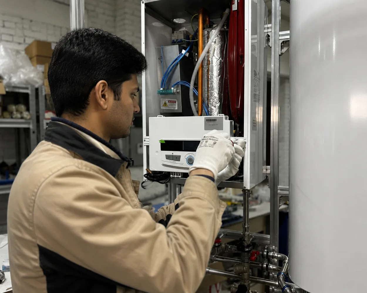 A technician servicing the control unit of a storage water heater